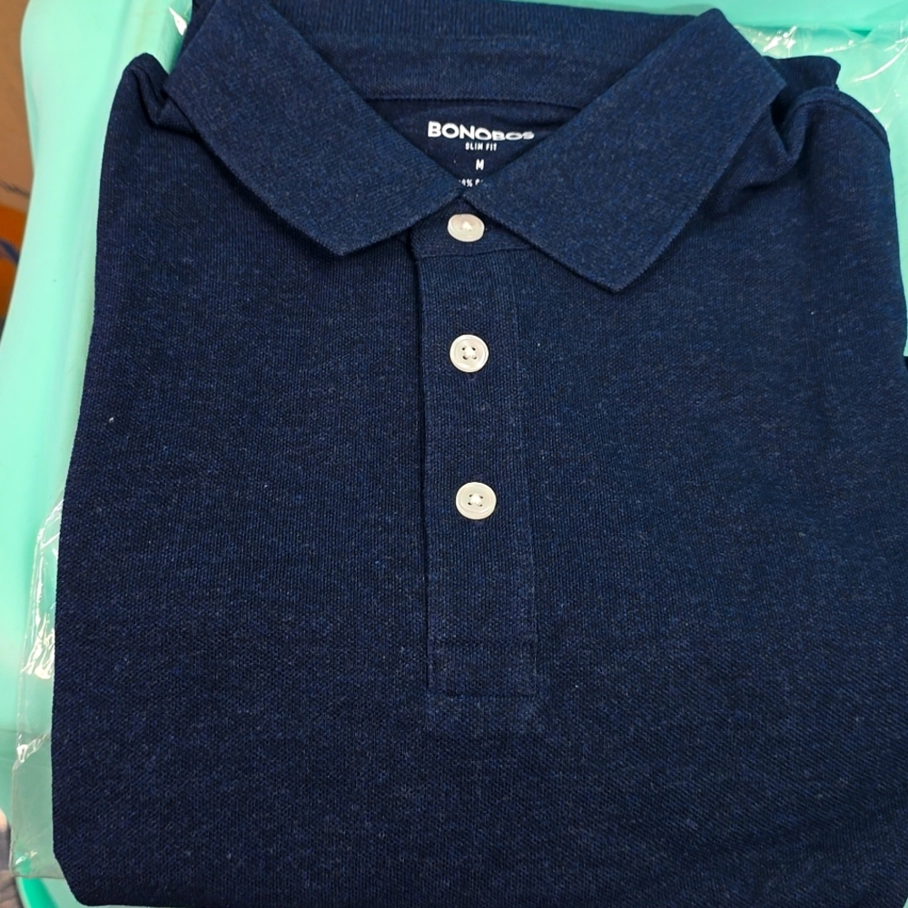 New mens Medium Slim SS heather blue ink pique polo